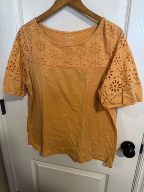 Talbots Peach-Orange Eyelet Puff Sleeve Cotton Top